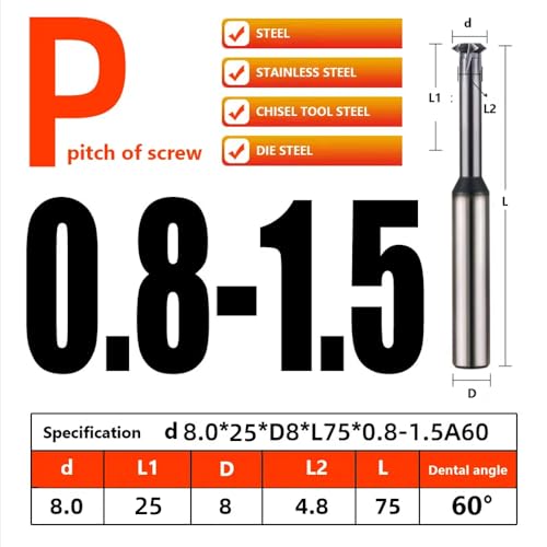 Image of 1pcs LUOCUT Thread milling Cutter Metric Tooth Angle 60 Degrees is Suitable for Processing Stainless Steel Single Tooth Type can Process a Wide Range of Pitch-D8.0xP0.8-1.5