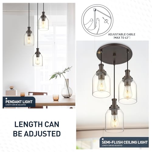 Image of zeyu 3-Light Pendant Lighting, Adjustable Farmhouse Cluster Pendant Light for Kitchen Dining Room, Oil Rubbed Bronze Finish with Clear Glass Shade, ZG33-3 ORB