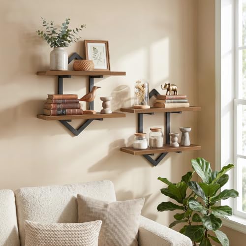 Image of HOOBRO Floating Shelves for Wall, Set of 2 Wall Shelf, 15 inch Hanging Shelves | 2-Tier Wall Mounted Storage Shelves, for Living Room Bedroom Kitchen Office Study Bathroom Wall Decor, Walnut and Black