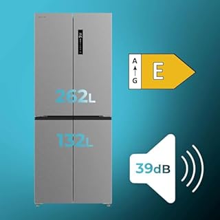 Cecotec Réfrigérateur 4 Portes Total No Frost Bolero CoolMarket 4D 394 Inox E,394 Litres, Hauteur 170 cm et 70 cm Largeur, Tiroir Température Variable, Compresseur Inverter, ATT Antibactérien
