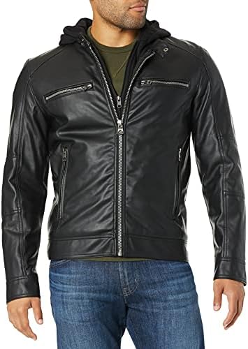GUESS mens Hooded Moto Faux Leather Jacket, Black, Small US