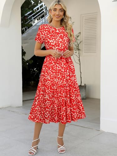 Image of Lyrur Women's Dresses Casual Summer Tiered Midi Dress Short Sleeve Belted Ruffle Babydoll Boho Sundress with Pockets