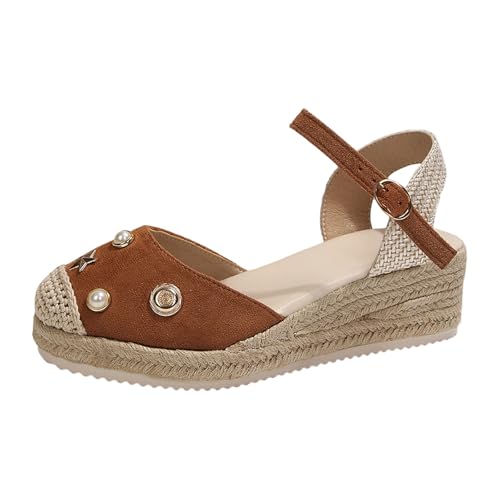 Genérico Sandalias Ortopedicas Mujer Sandalias de cuña con turbante para mujer, tiras trenzadas, diseño hueco decorado con pedrería y diseño calado. (Brown, 39)