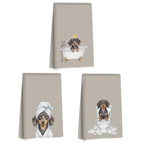 Image of 3 Pcs Funny Dachshund Hand Towel for Bathroom 24x14 Inch, Dachshund Gifts Reusable Dish Cloth Towel, Waffle Weave Hand Towels for Toilet Home Bathroom Decor, Weiner Dog Gifts for Women Mom Friend