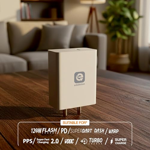 Image of Orignal 120W PD Type C Fast Charger Adapter | Flash, SuperVOOC, Turbo, Dash Fast Charging Support | 6A Type C to C Cable 1m Included | Compatible with All Androids Phones (White)