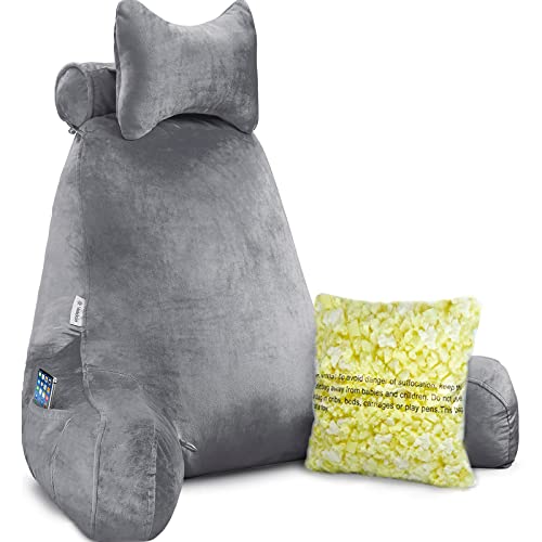 Vekkia XXL Soft Reading & Bed Rest Pillow with Higher Support Arm, Pocket, Free Neck Pillow. Back Support for Reading/Relaxing/Watching TV - Extra Foam Incl-24”
