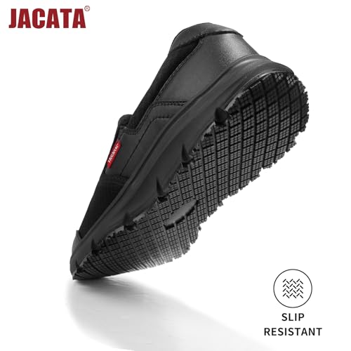 Image of Jacata Non Slip Black Work Shoes for Men Food Service Mens Water Slip Resistant Leather Slip on Chef Walking Shoes for Restaurant Kitchen Sneakers