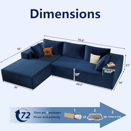 Image of 96 inch Modular Sectional Sofa, Modern Corduroy Cloud Couch with Deep Seat, Boneless Couch Upholstered 3-Seater L-Shaped Sofa for Living Room, No Assembly Required (Blue, Left-Facing Chaise)