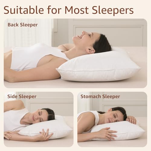 Luxury Feathers Down Pillows Queen Size Set of 2, Hotel Quality Fluffy Bed Pillows, Soft Pillows for Sleeping, Organic Cotton Cover(20x28”, Pack of 2)