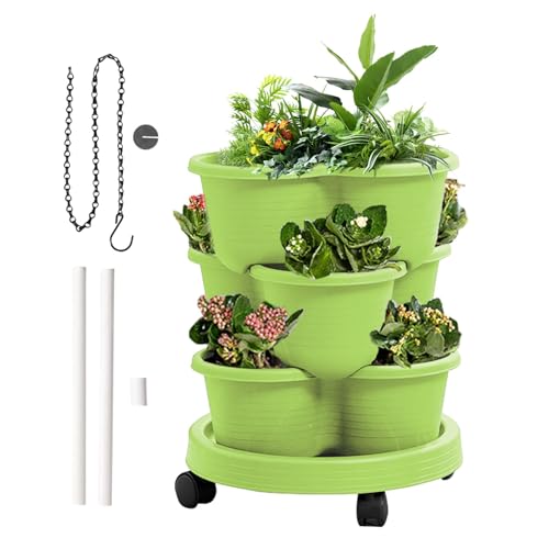 Maceta vertical de 3 niveles con ruedas | Maceta de fresas extraíble | Torre de hierbas y flores para interiores y exteriores para balcón y patio jardinería