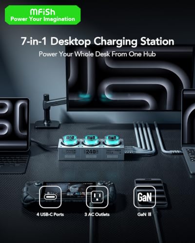 Image of MFish E-Tank 240W GaN Desktop Charging Station, 7-in-1 Desktop Power Hub | 3 AC outlets, 4 USB-C ports, 140W PD 3.1, smart power sharing, RGB lighting