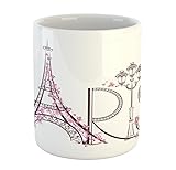 Lunarable Paris Mug, Tower Eiffel with Paris Lettering Couple Trip Flowers Floral Design Print, Ceramic Coffee Mug Cup for Water Tea Drinks, 11 oz, Pink Plum