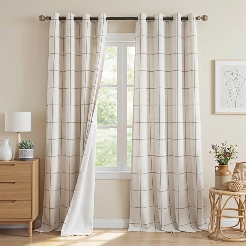 Image of MYSKY HOME Floor to Ceiling 100% Blackout Plaid Linen Curtains 96 Inch Long 2 Panels Set Farmhouse Double Layer Checkered Patterned Thermal Insulated Grommet Top Drapes, 52 inch W Each Panel, Brown