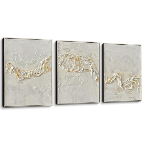 Pinetree Art Modern Abstract Hand Painted Canvas Wall Art, White and Gold Textured Embossed Panels for Living Room, Framed Minimalist Home Decor, Signed by The Author