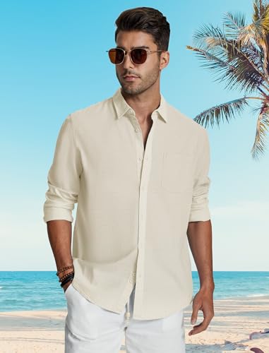 Friptspyg Leinenhemd Herren Langarm Baumwolle Leinen Hemd Herren Freizeithemden Casual Regular Fit Sommerhemd mit Tasche, Beige XL 3