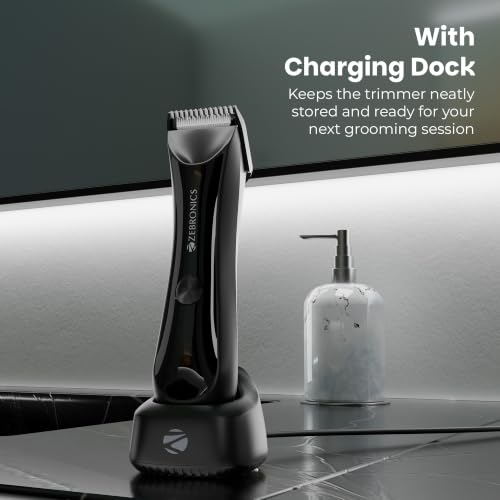 Image of Zebronics HT300B Body Trimmer for Men, 90min Runtime, IPX6 Waterproof, LED Spotlight, Type-C Rechargeable, Corded & Cordless, Self-Sharpening Stainless Steel Blades, Charging Dock (Black)