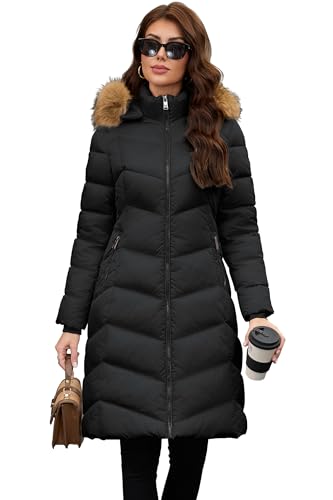 PAPILLON D'OR Damen Langer Puffermantel mit abnehmbarem Kunstfellkragen & Kapuze Winterjacke mit Fleece gefütterten Taschen & Rippbündchen (DE/NL/SE/PL, Alpha, M, Regular,...