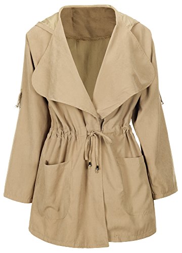 QZUnique Women's Plus Size Zipper Wind Coat Jacket Long Sleeve Loose Pleated Short Coat Surcoat Khaki US 22W-24W