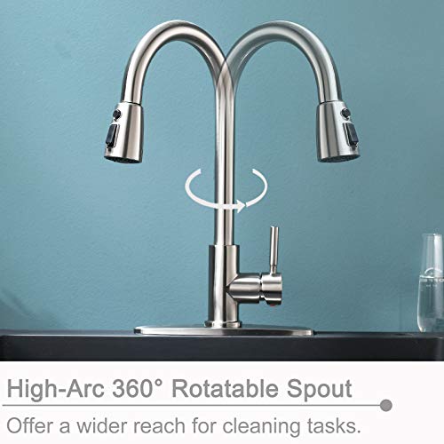 VALISY Lead-free Modern Commercial Single Hole Pull Down Brushed Nickel Kitchen Sink Faucet,1 handle High-Arc Tall Faucets for Kitchen Bar RV Laundry Utility Sinks with Pull Out Sprayer VAQY263LD