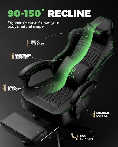 Image of GTPLAYER Gaming Chair, Video Game Chairs with Footrest, PC Gamer Chairs for Adults - Padded High Back Ergonomic Reclining Silla Gamer, Linkage Armrest, Ace Pro, Black Green