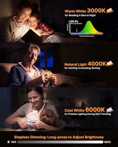 Image of Book Light with Power Display /Timer: Rechargeable 2000mAh 10-80Hrs Neck Light Eye Caring 3 Color Dimmable Neck Reading Light, Handfree Flashlight for Knitting Crochet Accessories Sewing Tools
