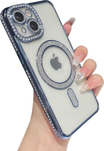 Image of The Little Shop Clear Magnetic Diamond Glitter Case for Oneplus Nord Ce 2 Lite 5G ||Full Camera Protection Luxury Bling Transparent Shockproof for Magsafe Women Girls Cute Cover|Blue
