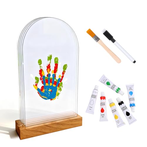 Kit D'empreintes de Mains pour Toute la Famille, Peintures à Doigts non Toxiques pour Enfants avec Base en Bois et Feuilles Acryliques en Forme de nuage,...