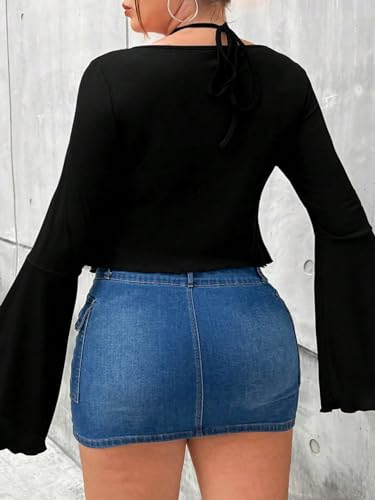 SOLY HUX Women's Plus Size T Shirts Bell Long Sleeve Ruched Asymmetrical Hem Halter Tee Crop Tops2