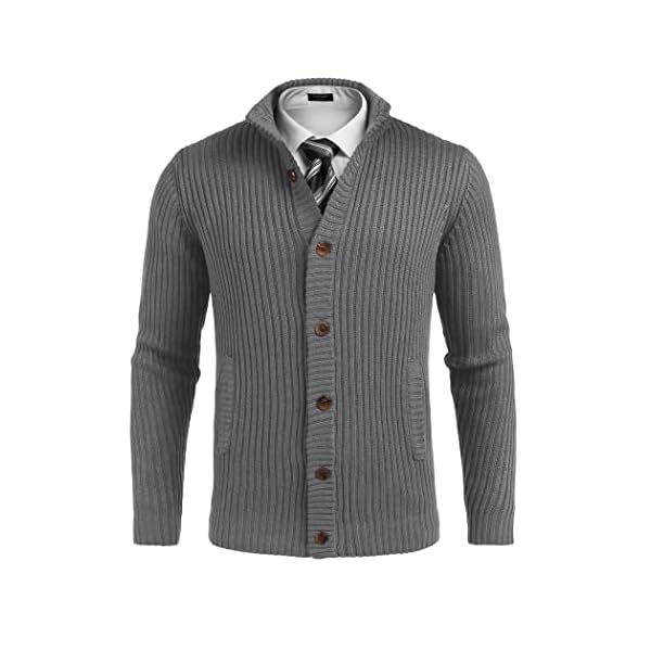 COOFANDY Men's Cardigan Sweaters Stand Collar Button Down Ribbed Knitted Sweater with Pockets Gray - Image 3