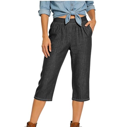 Jean court élastique en denim souple avec coupe droite taille haute