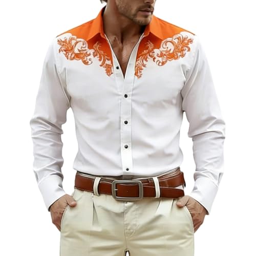 Camisa Estampada de Manga Larga con Estilo Vaquero Occidental y diseño Festivo para Hombre (Orange, XXL) c15