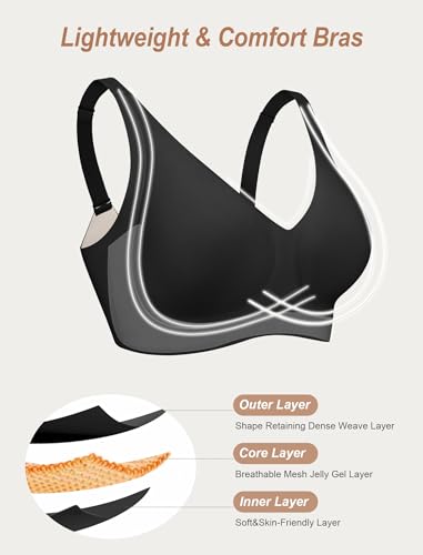 OEAK Womens Comfortable Deep V Bras Wireless Push Up Seamless Full Coverage Bralettes Supportive Bra Raceback Tshirt Bras Black,2XL4