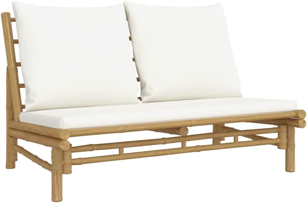 Natural Bamboo Garden Lounge Set with Cream White Cushions, 2-Piece Outdoor Seating Set for Patio and Balcony, Durable Polyester Cushioned Bench and Table for Relaxation