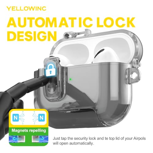 Image of Clear Magnetic Auto-Lock Case Cover for Apple Airpods Pro 3 (2025), with Phone Stand & Carabiner (Clear Black,Transparent Lock with Stand)