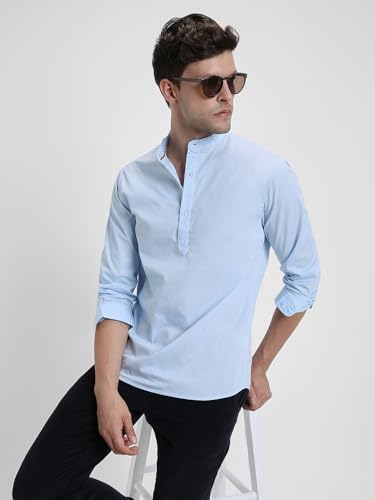 Image of Dennis Lingo Men's Cotton Solid Slim Fit Mandarin Collar Full Sleeves Casual Shirt