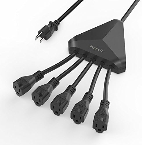 7ft Power Cord Splitter, Maxcio Power Strip Surge Protector, Power Extension Cord 3 Prong, 1 to 5 outlets, 4320J, 16AWG, 13A, 100-240V, 3000W, Black