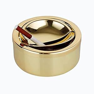 Asbak, 12 cm, voor buiten, roestvrij staal, antislip, tafelasbak met afdekking, rond, winddichte asbak met deksel, voor buiten, tuin, terras, balkon (goud)