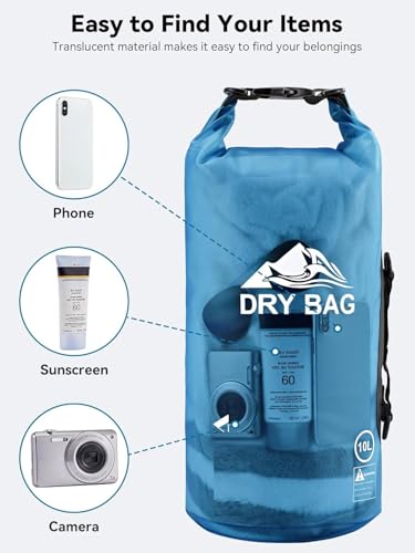 Image of 1 Compartment 10 Liter Transparent Ocan Bag Roll Top Transparent Storage Bag Lightweight Dry for Traveling, Swimming, Kayaking, Camping, Fishing Backpack (Transparent Blue)