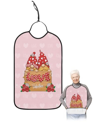 LEOKOTI Love Heart Gnomes Adult Bibs for Eating, Waterproof Bibs with Food Catcher & Adjustable Snap Closure, Valentines Pink Red Love Heart Floral Washable Clothing Protectors Adult Bibs for Elderly
