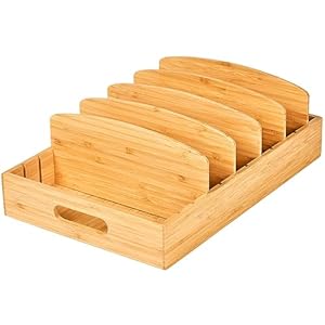 Umilife Large Food Container Lids Organizer for Kitchen Cabinet and Drawer, Bamboo Organizer with 5 Tall Adjustable Dividers, Plastic Lids Organization and Storage