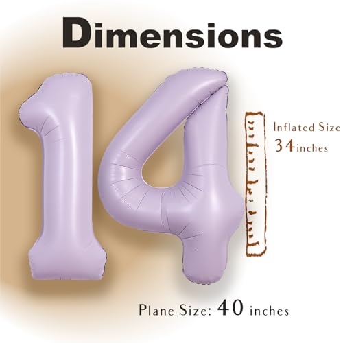 Image of SUWEN 40 Inch Light Purple Lavender Big 14 Balloon Number Foil Helium 0-9 | 14th Large Giant Birthday Huge Mylar Jumbo Happy Party 41 Anniversary Decorations