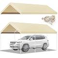 10x20 ft Carport Car Replacement Canopy Cover for Car Tent Party Tent Top Garage Shelter Cover with 26 Ball Bungees(Only Cover, Frame Not Included) Beige