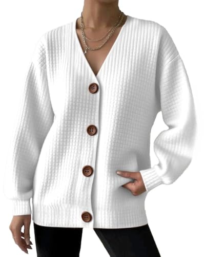 Button Up Cardigans for Women Trendy V Neck Open Front Cute Pullover Tops Lightweight Long Sleeve Sweatershirts (White,Small)