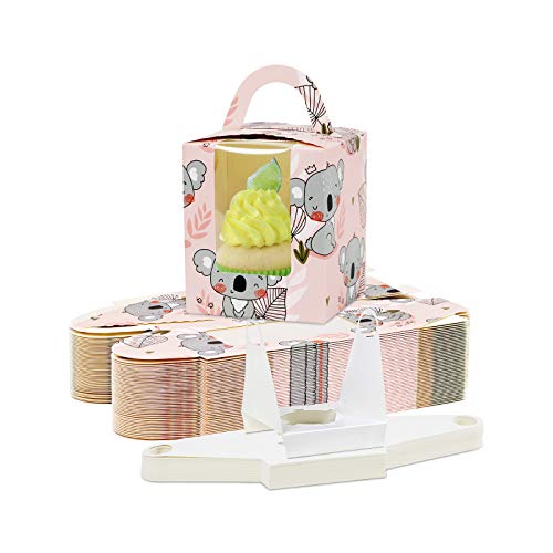 Koala Cupcake Boxes Pink Single Cupcake Boxes Koala Cupcake Containers Muffin Pastry Boxes Bakery Cupcake Carriers with Window Handle Gift Box for Baby Girl Shower Wedding Birthday Party 50Pcs