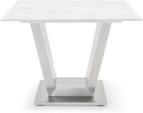 ZURI Muebles Mesa auxiliar moderna de mármol de Carrara con base de acero inoxidable cepillado