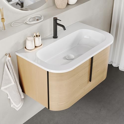 BRIDGE BENO Meuble De Salle De Bain 80 cm avec Lavabo – Meuble De Salle De Bain Moderne avec Rangement, Fermeture Amortie, Idéal pour WC Invités, Golden Sand