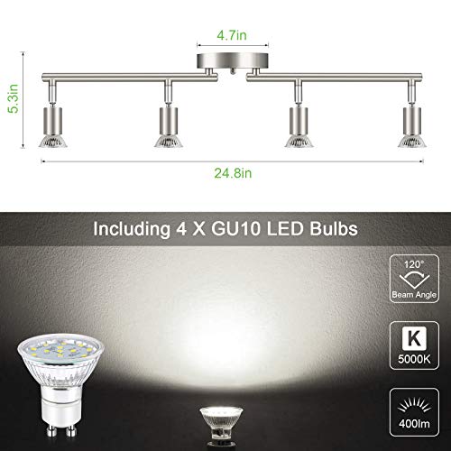 Unicozin Led 4 Light Track Lighting Kit, Matt Nickel 4 Way Ceiling Spot Lighting, Flexibly Rotatable Light Head, Modern Track Light Included 4 X Led Gu10 Bulb (4W, Daylight White 5000K, 400Lm) #TOP2