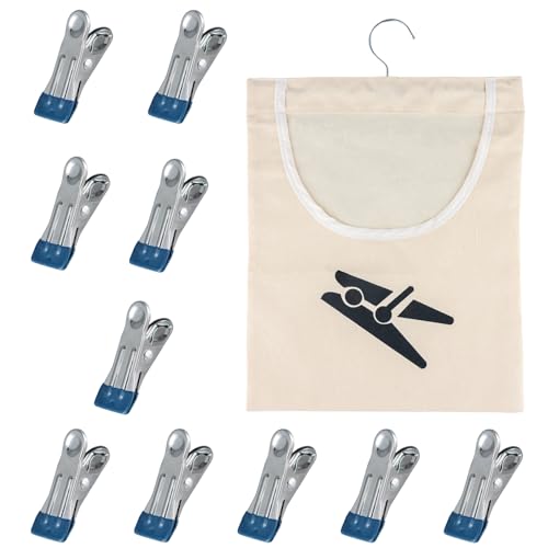 YILANJIN Peg Bag, Clothes Peg Holder with 10 Clamps for Underwear, Portable Canvas Clothes Peg Storage Bag for Socks, Washable Clothespin Storage Bag for Bedroom, Bathroom, Home (Beige, 32×28 cm)