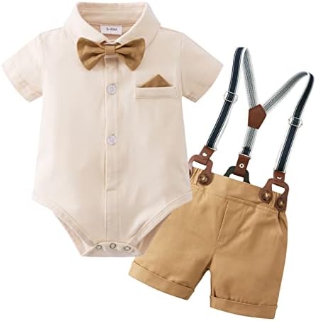 YUEMION Infant Baby Boy Clothes Gentleman Outfits Suits Summer Short Sleeve Bowtie Bodysuit Shirts + Suspender Shorts (Beige,3-6M)