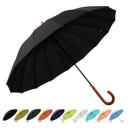 SoulRain 16 Ribs 48' Stick Umbrella Auto Open Solid Color Fashionable and Simple，Arc Classic Wood Handle，Windproof Unbreakable Stick Rain Umbrella (Black)…